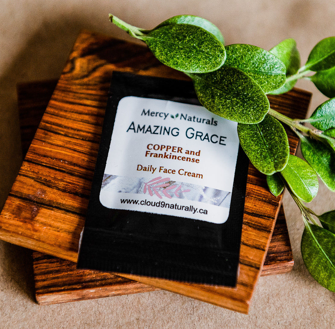Small  square foil sample pack of Amazing grace face cream.