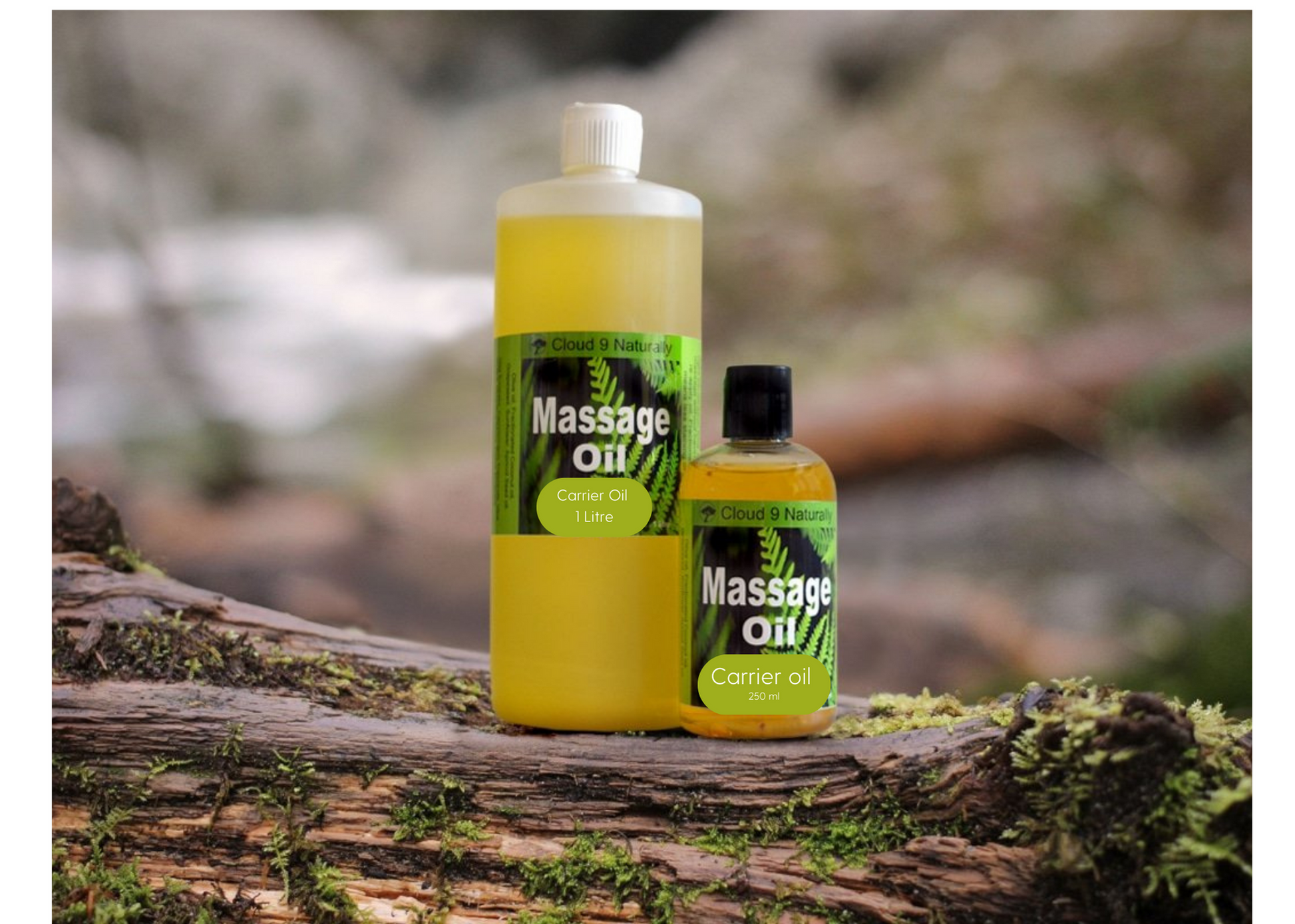  massage oil 1 litre clear plasticwith a white flip top and a 250ml plastic clear bottle.