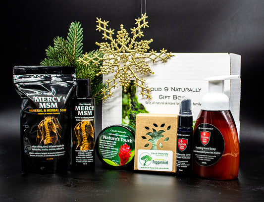 Cloud 9 Variety Gift Box which includes a 225gr mylar bag of Mercy Bath Soak, 110 ml Black plastice bottle with flip top of Mercy lotion. 
 black 60ml tub of  Natures touch, bar of soap in cardboard box, 30ml  4 Thieves multi purpose spray black plastic with spay top and a 250ml amber plastic 4 Thieves foaming hand soap. All packaged in a cardboard box,